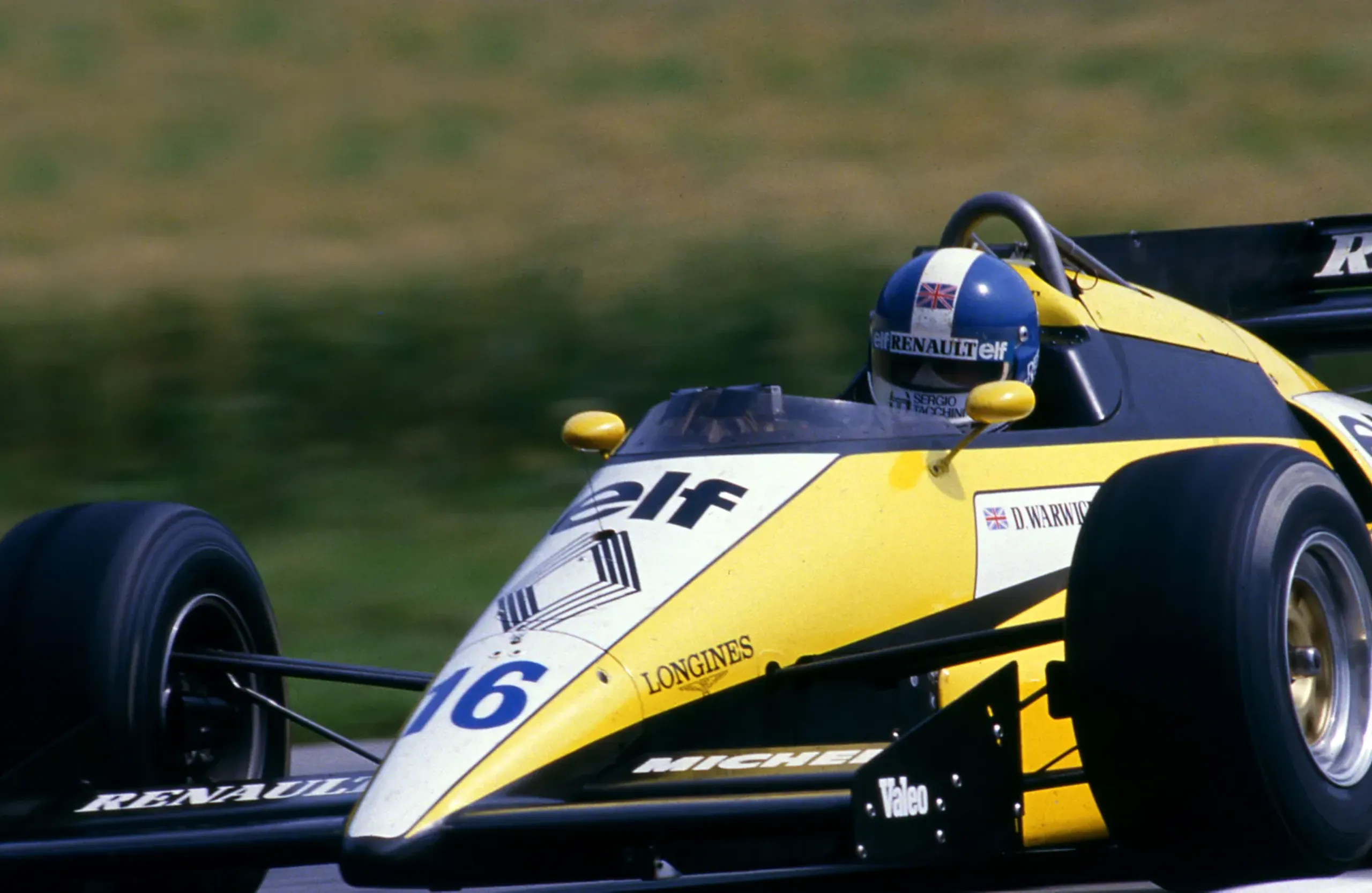 Derek Warwick at the wheel of the works Renault RE50 in yellow and white livery, 1984